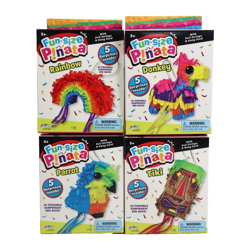 4 Pack JARU Fun Sized Pinata - Donkey, Tiki, Rainbow, Parrot Mini Pinatas